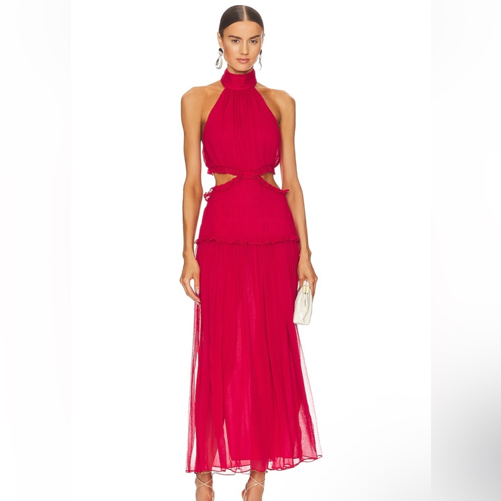 NWT SHONA JOY Marquis High Neck Cut Out Midi Dress in Roma Red